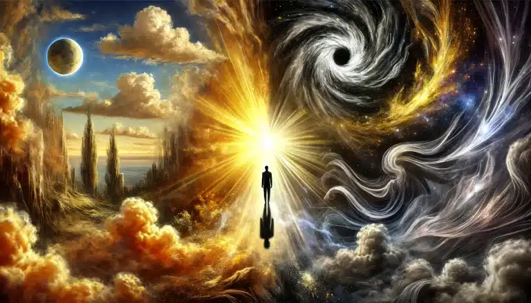 Dall·e 2024 06 17 15.54.54 A Visionary And Slightly Psychedelic Scene Symbolizing The Blend Of Shadow And Light In Our Reality For A Youtube Thumbnail. The Image Captures The Co