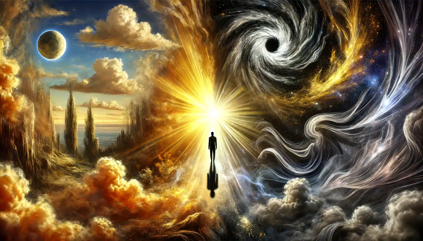 Dall·e 2024 06 17 15.54.54 A Visionary And Slightly Psychedelic Scene Symbolizing The Blend Of Shadow And Light In Our Reality For A Youtube Thumbnail. The Image Captures The Co