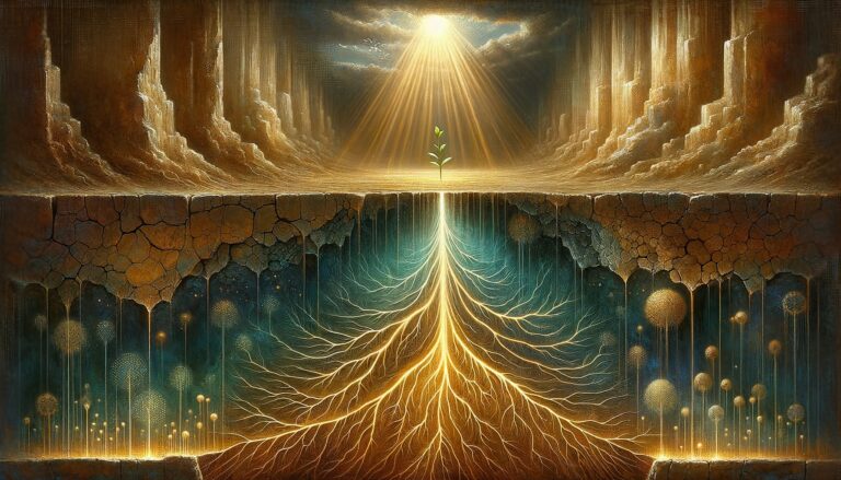 Racines mycéliennes dorées sous terre craquelée — patience investissement transformation