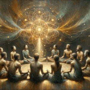 Petit cercle intime de personnes assises ensemble dans une lumière dorée — groupe Sādhana accompagnement chemin intérieur Psycelium