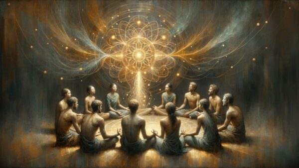 Petit cercle intime de personnes assises ensemble dans une lumière dorée — groupe Sādhana accompagnement chemin intérieur Psycelium
