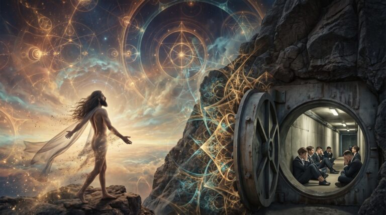 Des hommes d'affaires en costume enfermés dans un abri creusé dans la roche tandis qu'un homme voilé se dissout dans un cosmos fractal