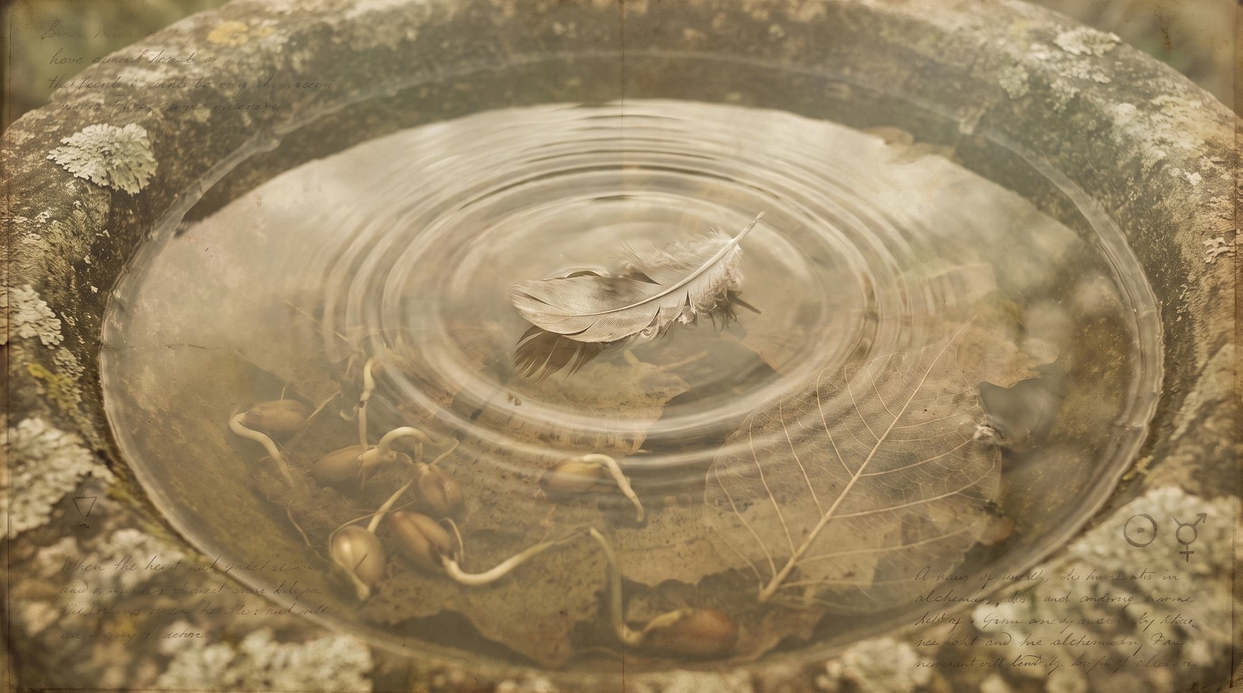 Une plume posée sur l'eau calme d'un bassin de pierre, cercles concentriques : ce qui reste après le séminaire