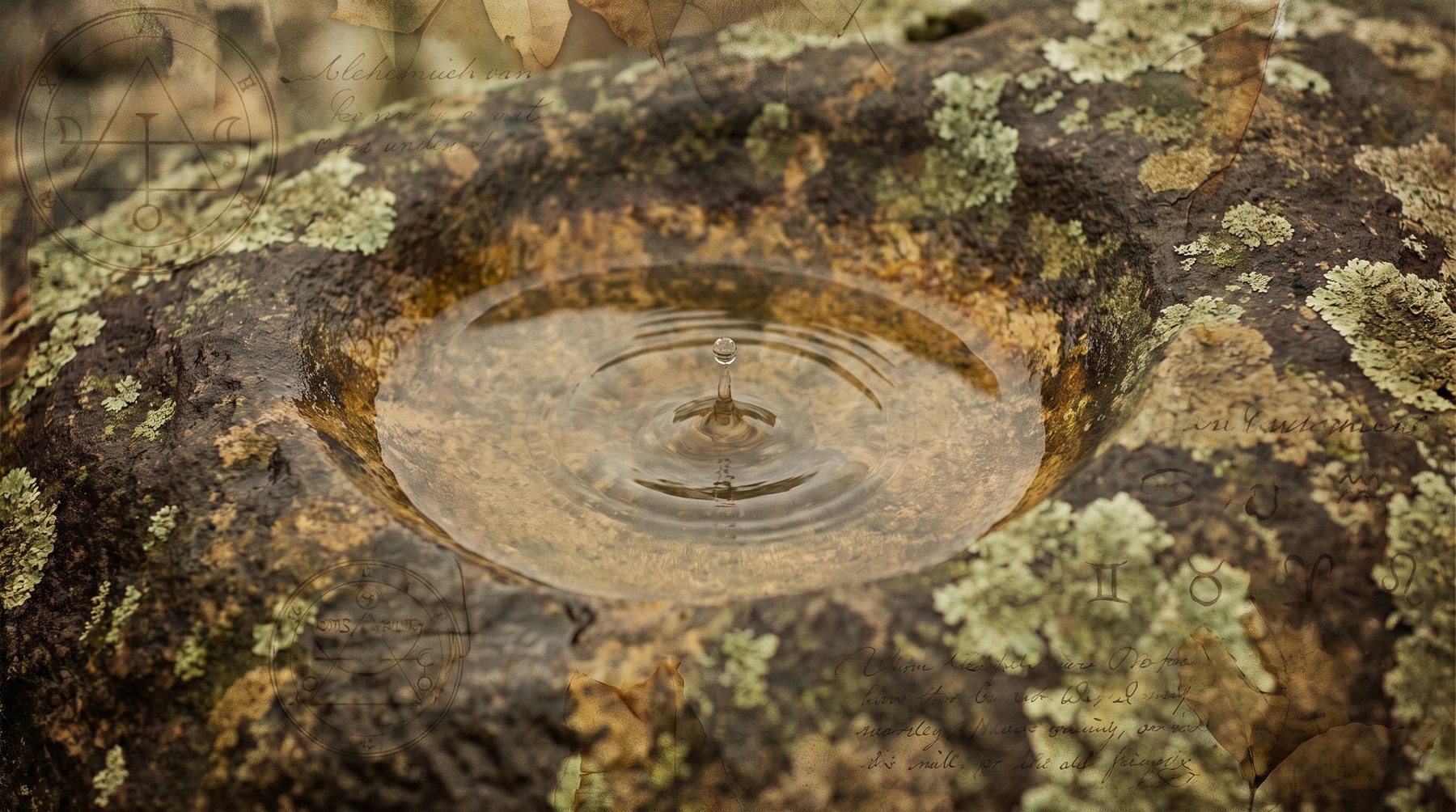Une goutte d'eau tombant dans un bassin poli au creux d'une roche brute couverte de lichen