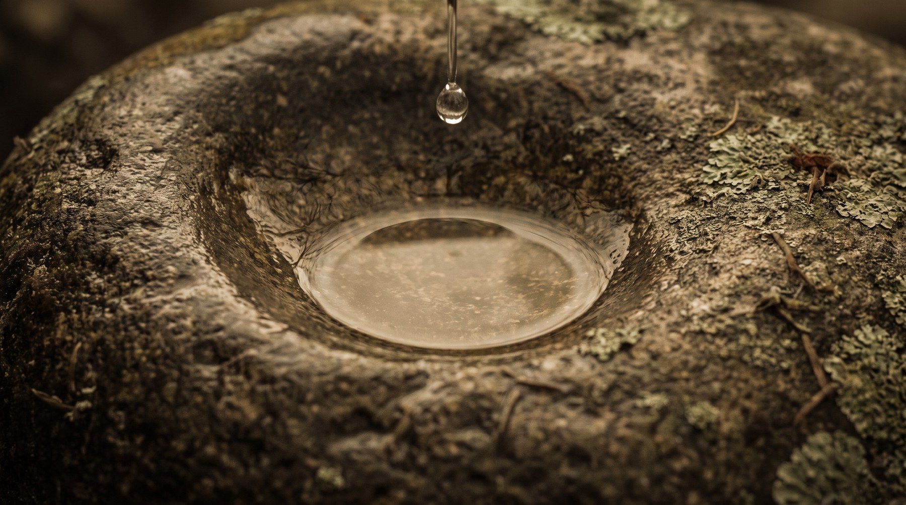Macro d'une pierre dont l'eau a poli un bassin lisse au centre, tandis que la roche autour reste brute ; une goutte tombe.