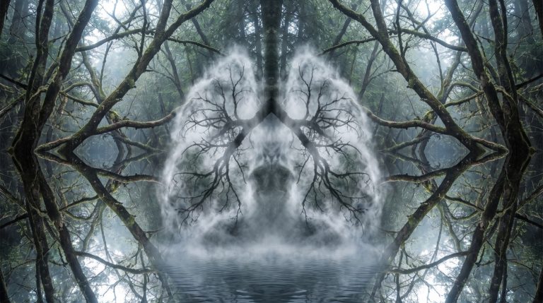 Breathwork : brume et branches en miroir formant un mandala semblable à deux poumons