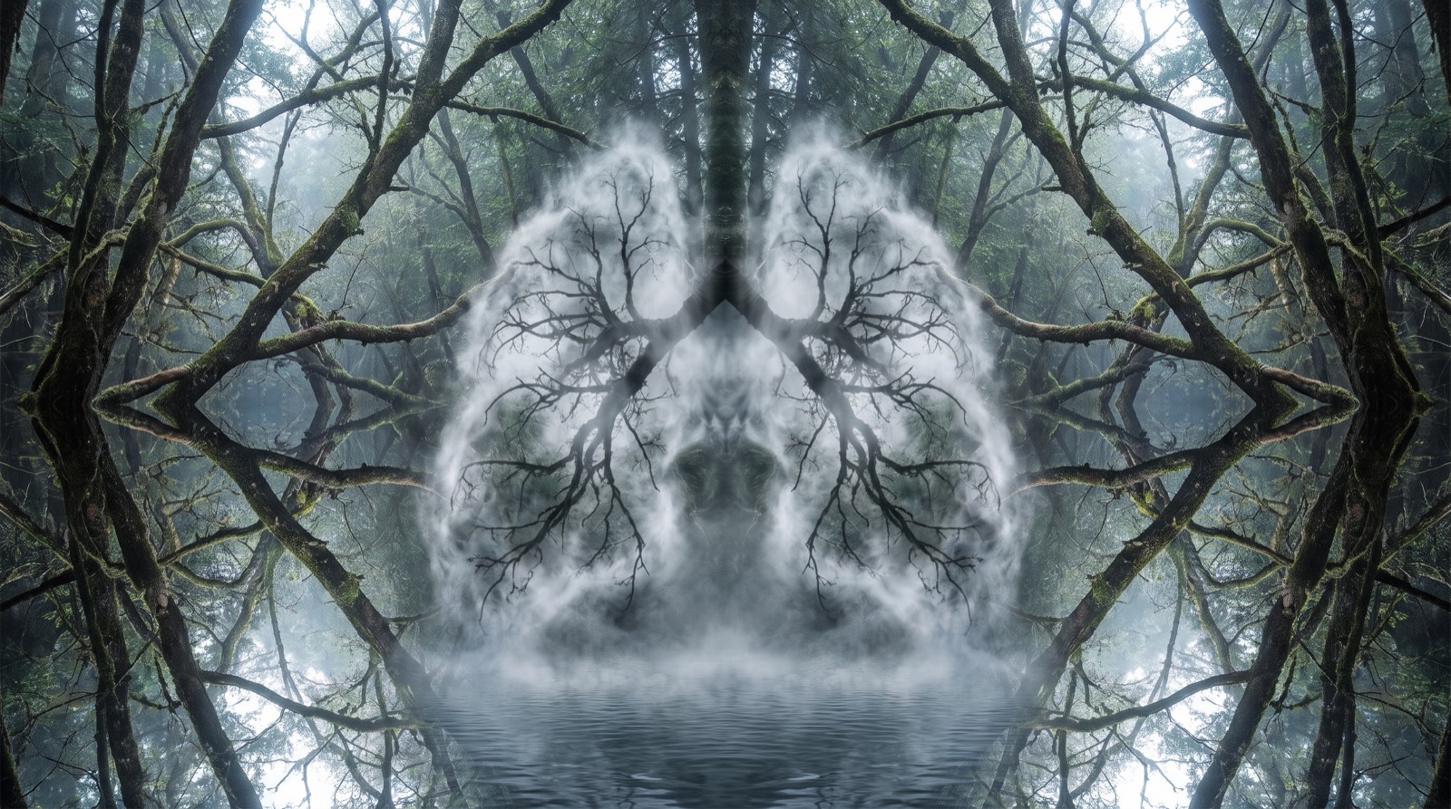 Breathwork : brume et branches en miroir formant un mandala semblable à deux poumons
