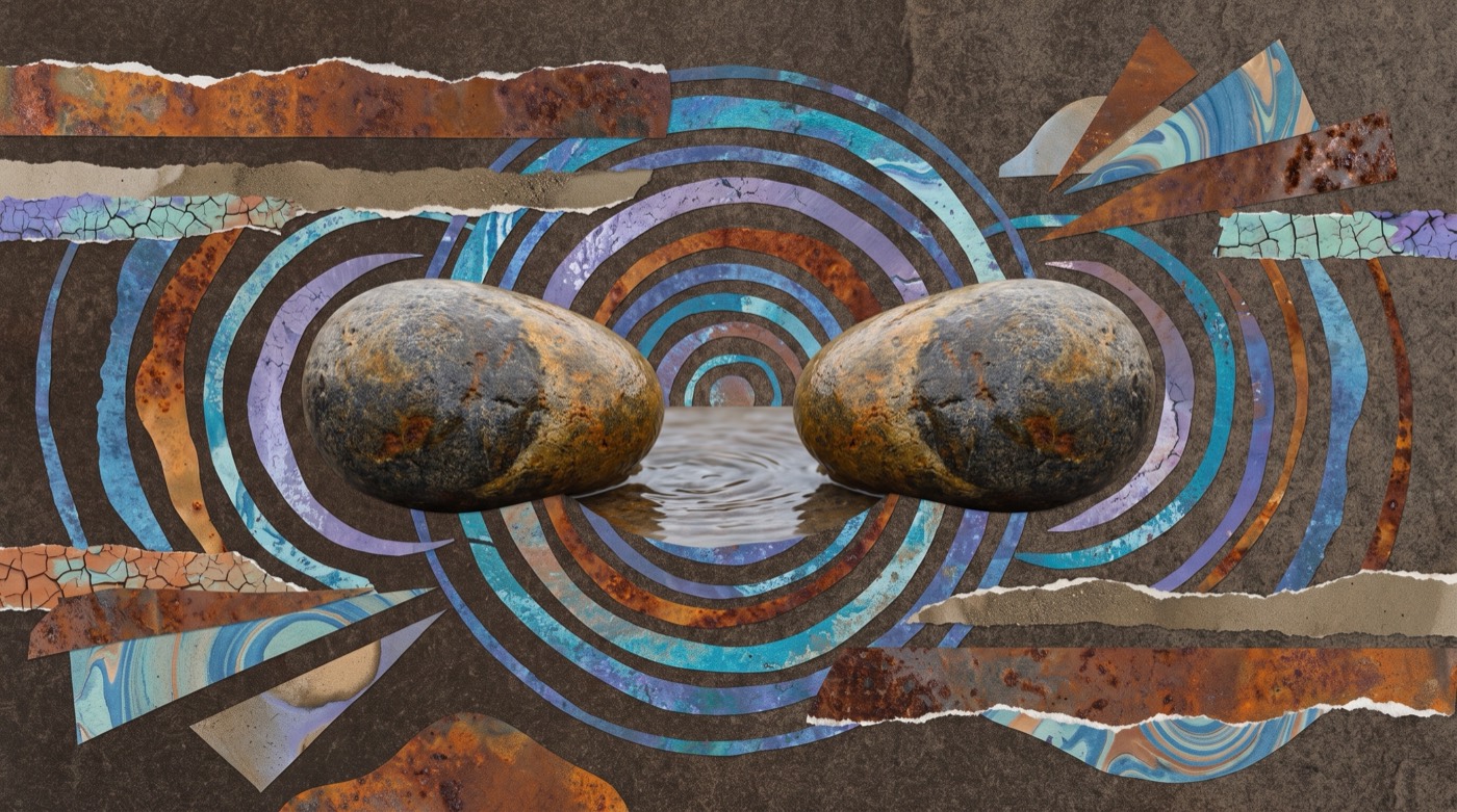 Être soi-même avec les autres : deux galets posés face à face sur une étendue de sable, reliés par des cercles concentriques dans l'eau