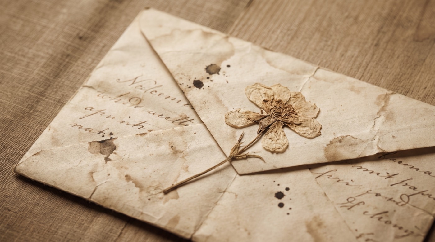Se pardonner à soi-même : une lettre ancienne jamais envoyée, une fleur séchée posée dessus