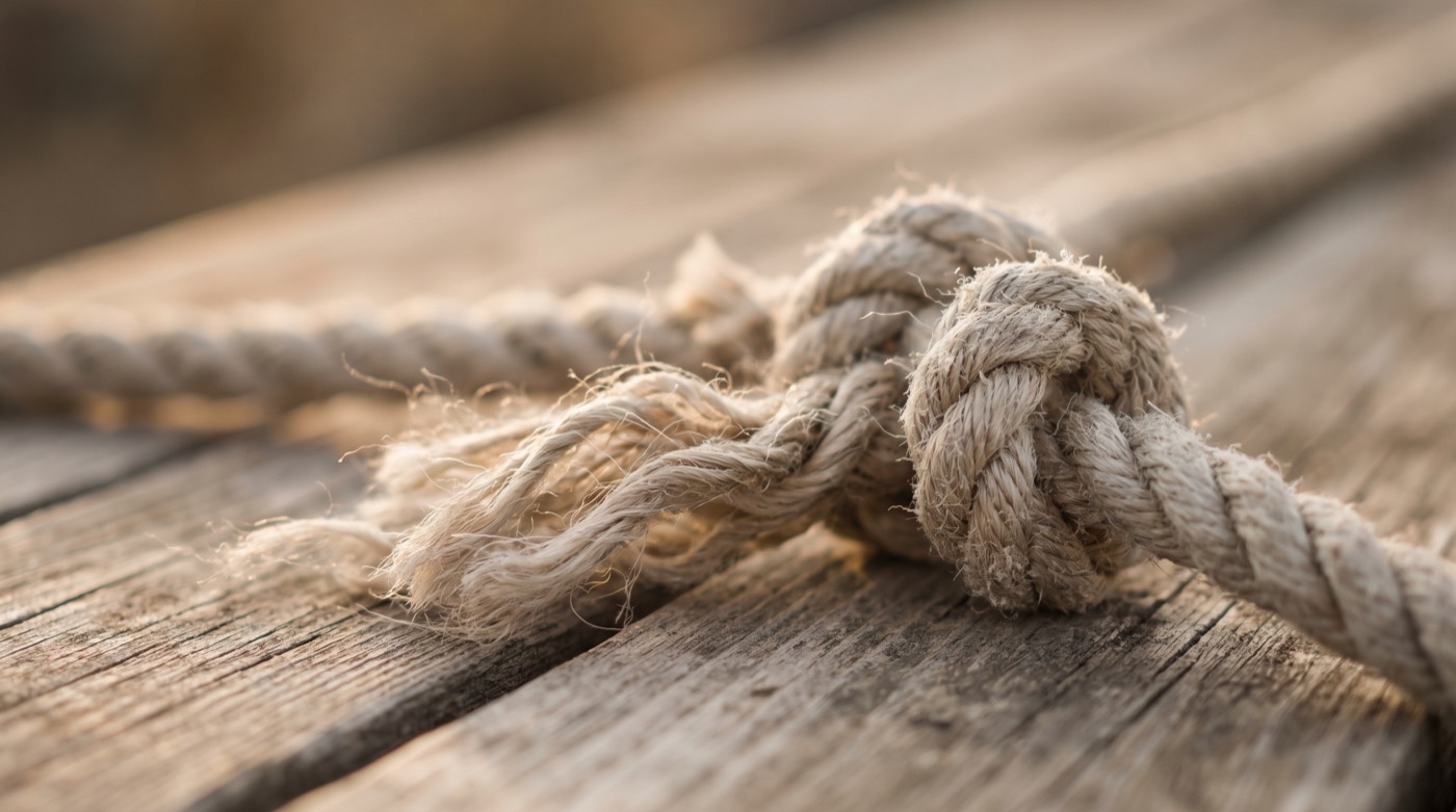 Comment pardonner : un nœud de corde ancien qui se desserre, posé sur un bois patiné