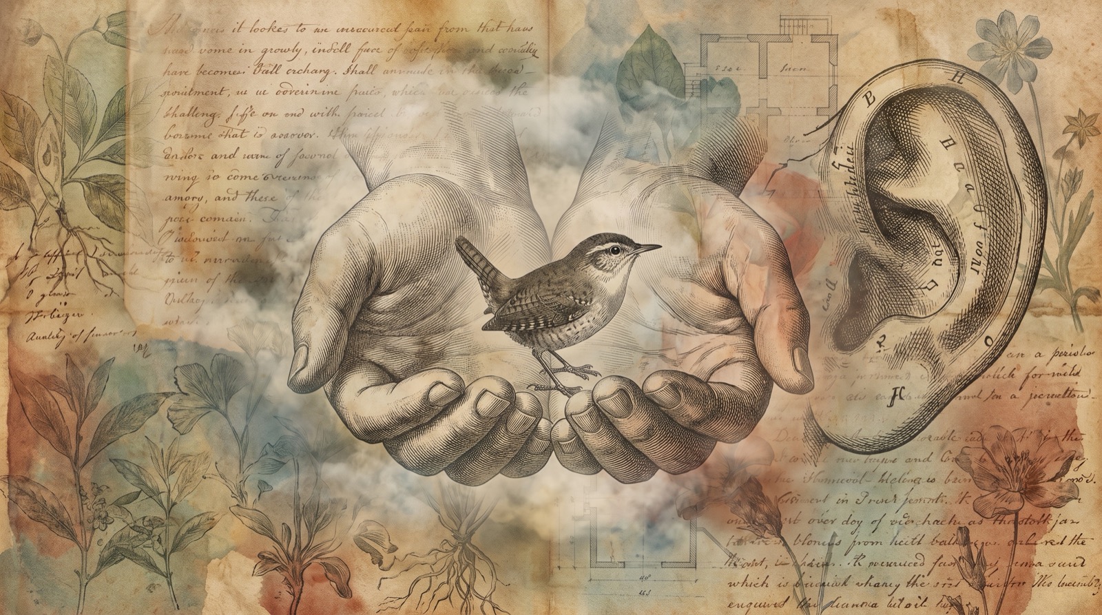 Communication non violente : gravure ancienne de deux mains en coupe portant un oiseau, près d'une oreille