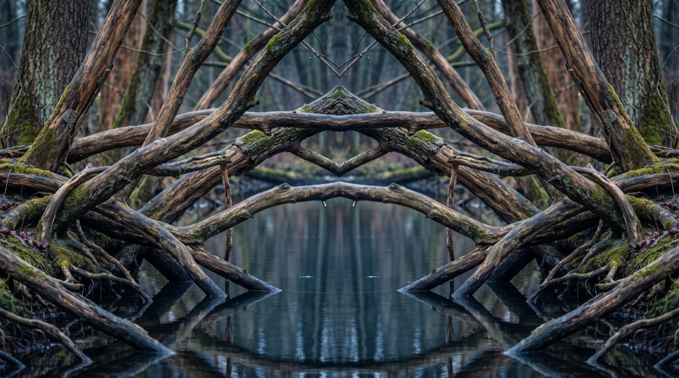 Communication non violente : des branches qui se rejoignent en miroir dans une eau calme