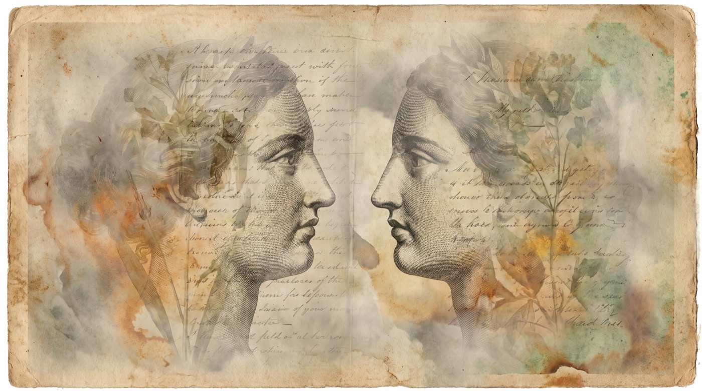 Connaissance de Soi à deux : gravure ancienne de deux visages de profil face à face, à demi effacés