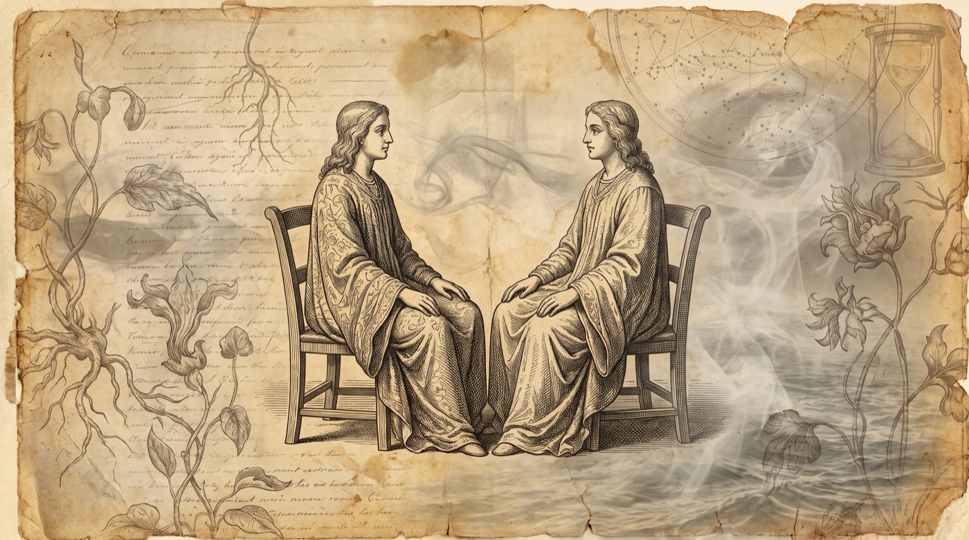 Couple conscient : gravure ancienne de deux figures assises face à face, sans se toucher