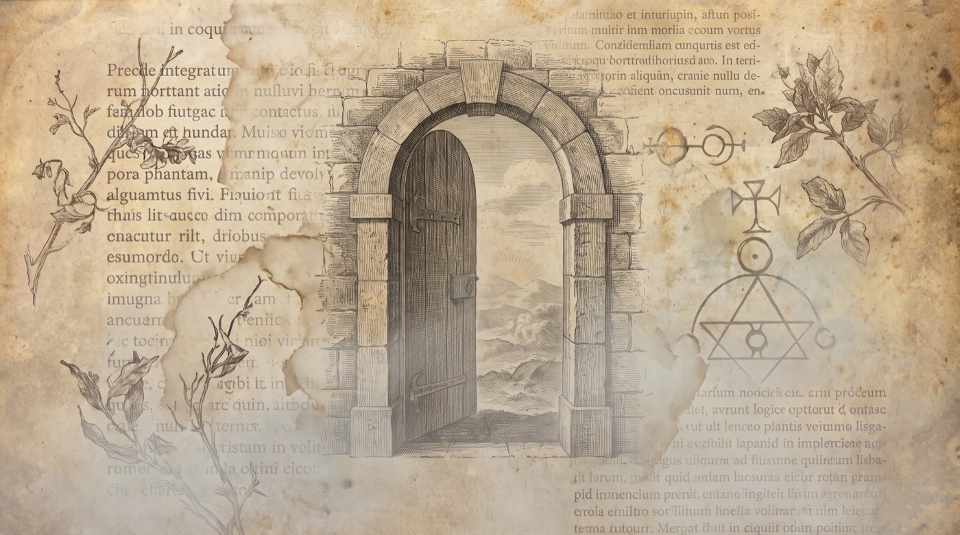 Crise existentielle : gravure ancienne d'une porte étroite ouvrant sur un paysage inconnu