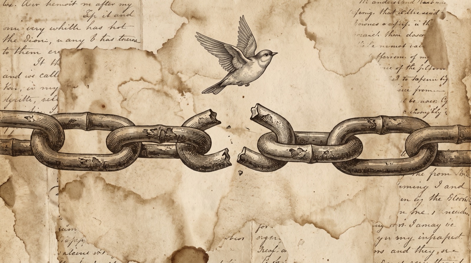Gravure ancienne d'une chaîne de fer dont un maillon est rompu, un petit oiseau s'envolant au-dessus, sur un papier taché
