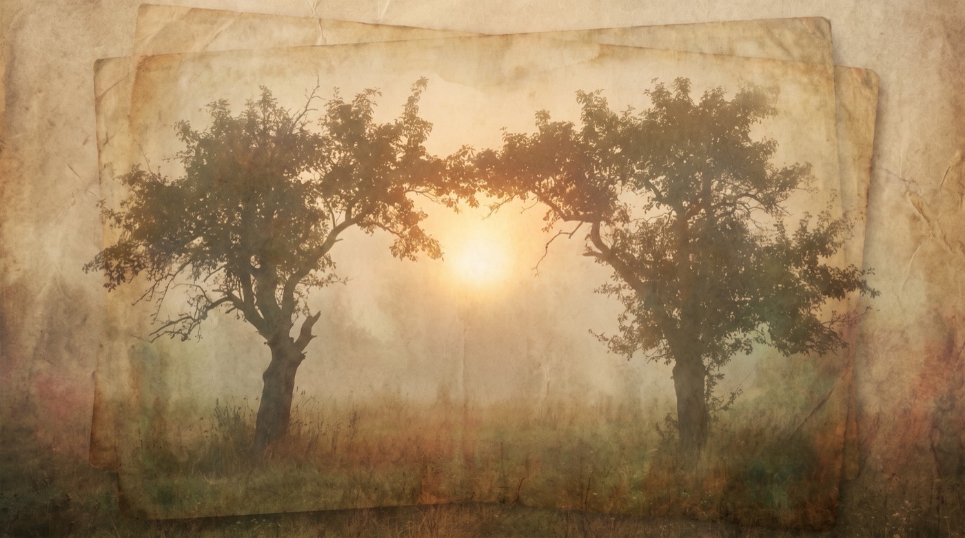 Guérir de la dépendance affective : deux arbres séparés dans une prairie brumeuse, sous la même lumière