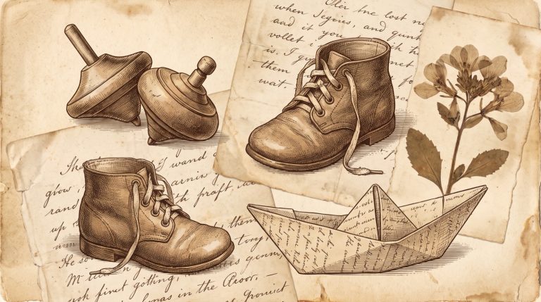 Enfant intérieur : une toupie ancienne, des chaussures d'enfant et un bateau de papier sur des lettres jaunies