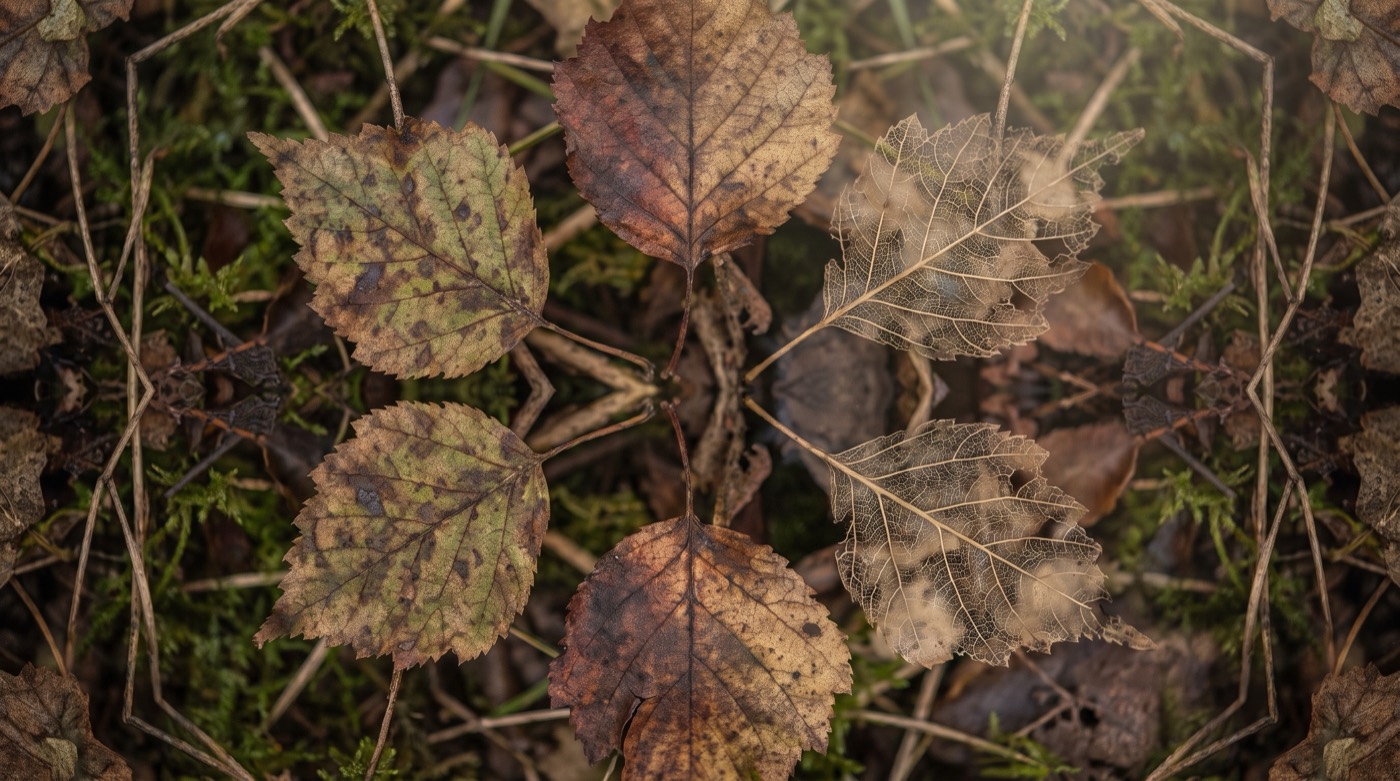 Les étapes du deuil : feuilles d'automne à des stades différents de dessèchement, de la feuille verte à la dentelle
