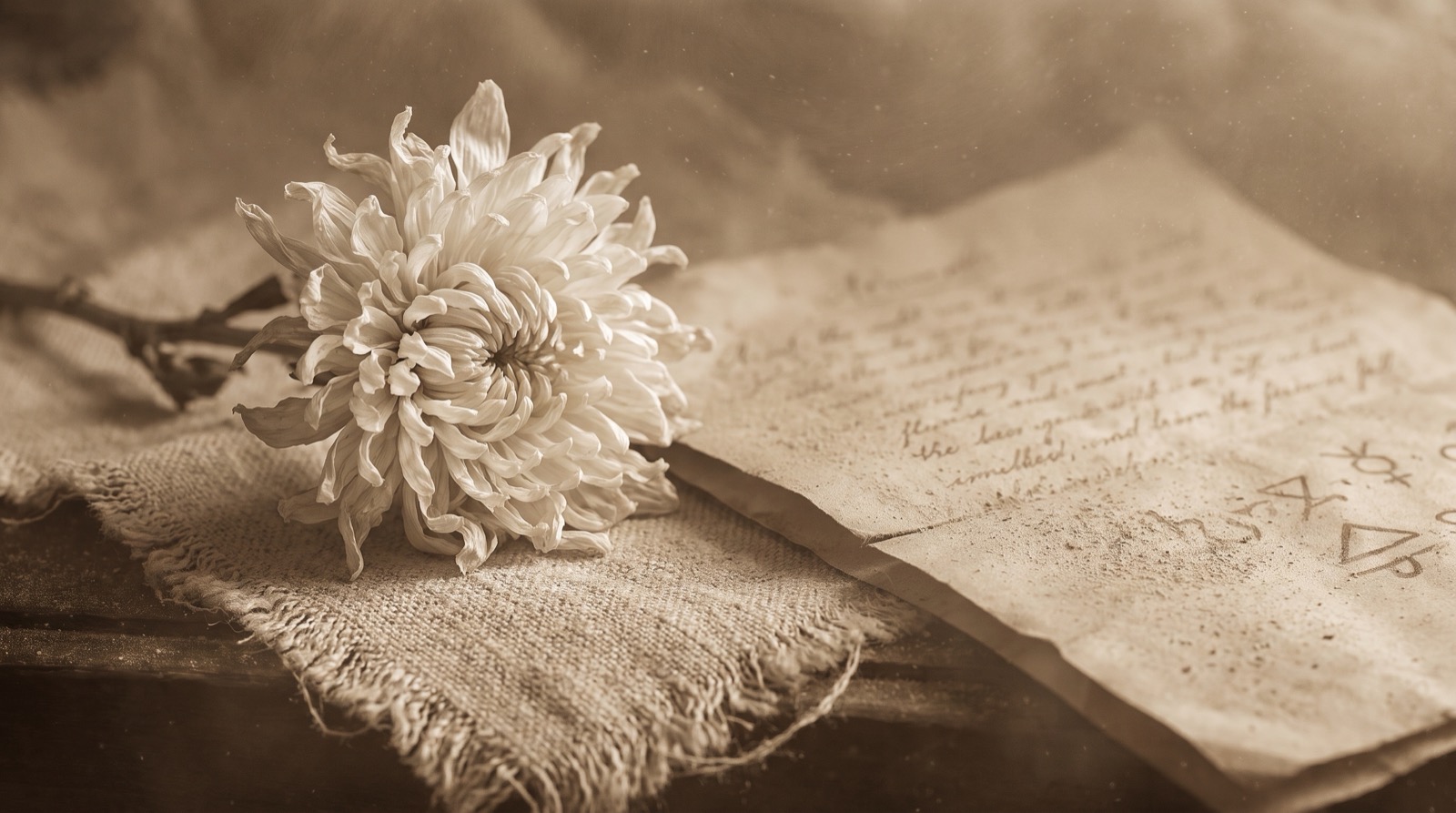 Étapes du deuil : un chrysanthème blanc posé sur un linge ancien, à côté d'une lettre manuscrite