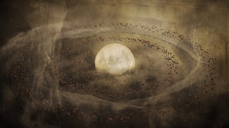 Éveil spirituel : un disque lumineux qui s'ouvre dans un champ sombre, entouré d'anneaux de poussière