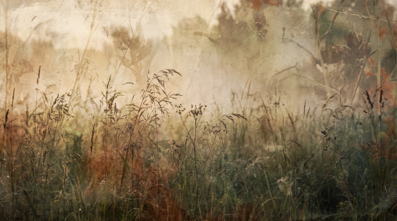 Hypersensible : une prairie voilée de brume à l'aube, les herbes frémissant au moindre souffle