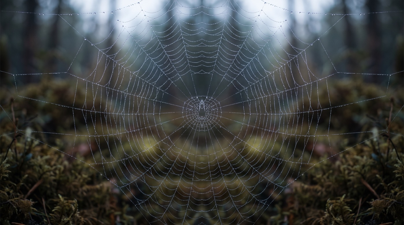 Signes de l'hypersensibilité : une toile d'araignée couverte de rosée, reflétée en mandala