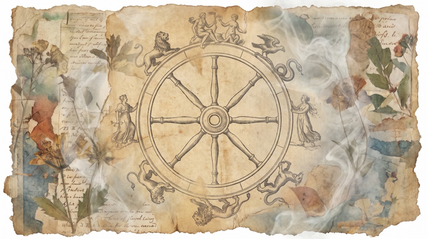 Karma : gravure ancienne d'une roue de la vie peuplée de petites figures allégoriques