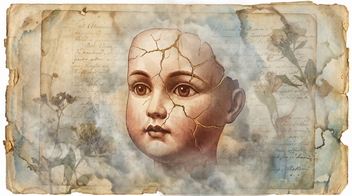 Guérir les 5 blessures de l'enfance : gravure ancienne d'un visage de porcelaine fêlé, les fêlures comblées d'or