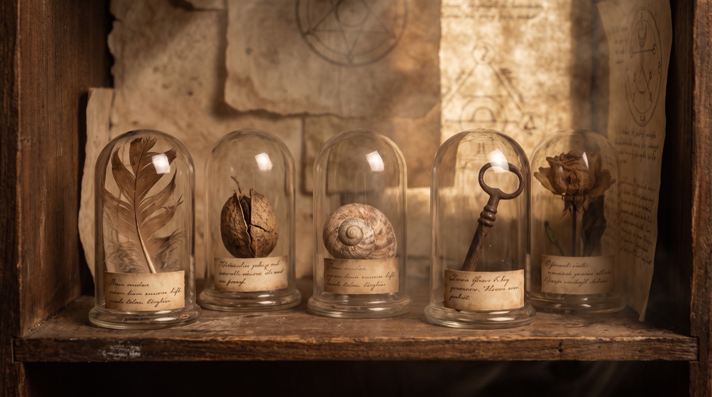 Les 5 blessures de l'enfance : cinq objets anciens sous cloche de verre, dans un cabinet de curiosités