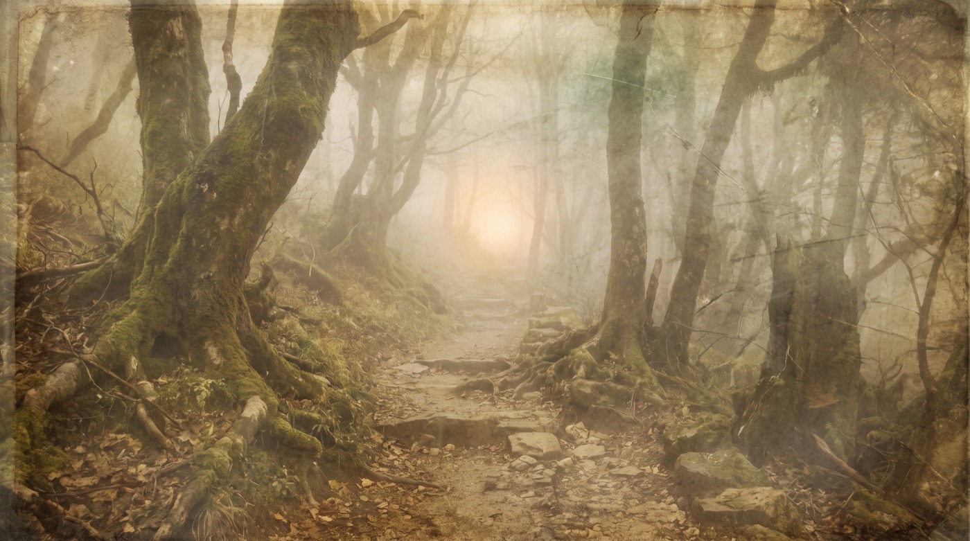 Comment reconnaître un vrai maître spirituel : un sentier de montagne dans la brume vers une lumière lointaine