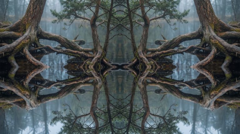 Trauma développemental et NARM : racines et branches d'un jeune arbre reflétées en miroir dans une eau calme