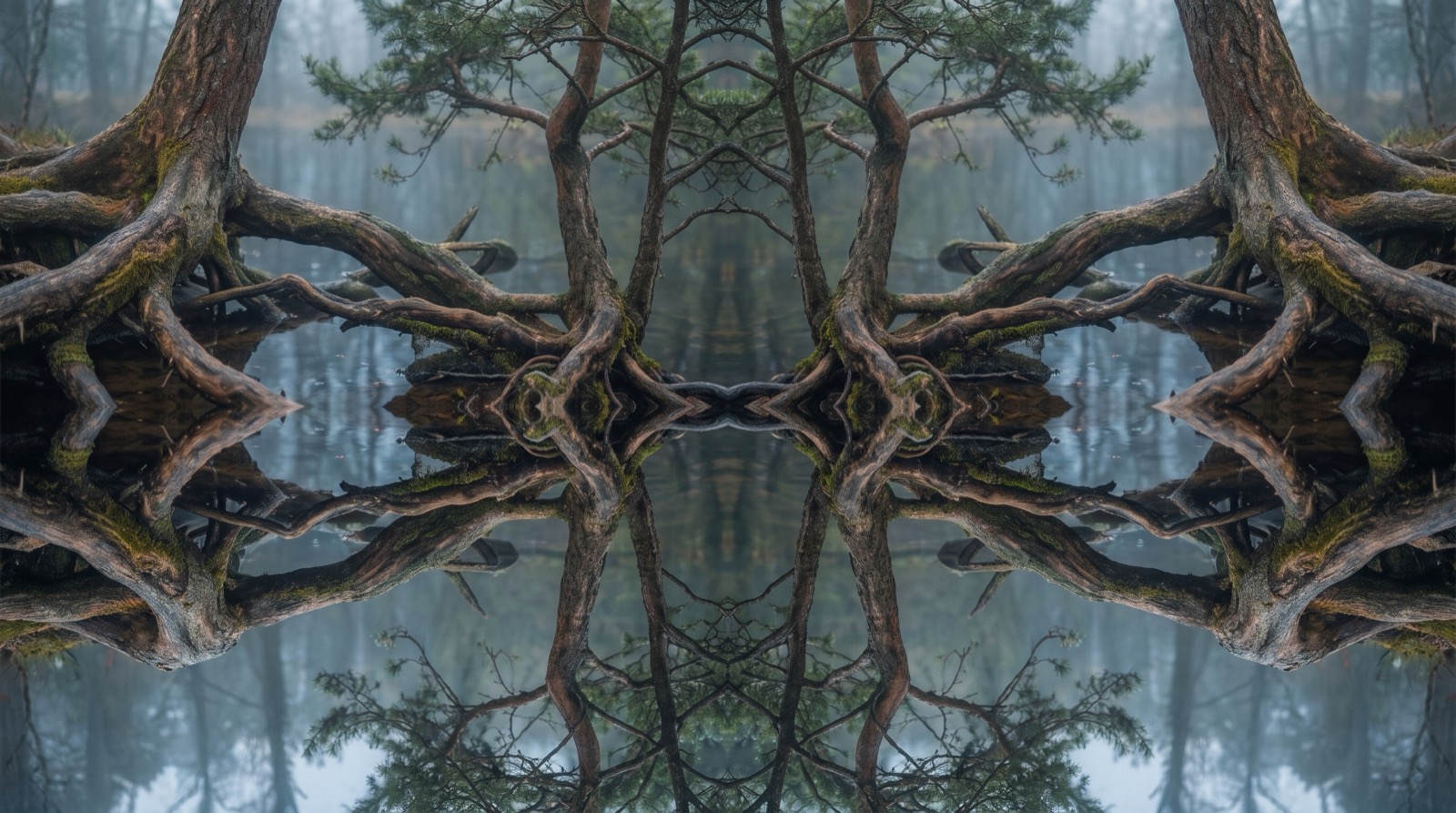 Trauma développemental et NARM : racines et branches d'un jeune arbre reflétées en miroir dans une eau calme