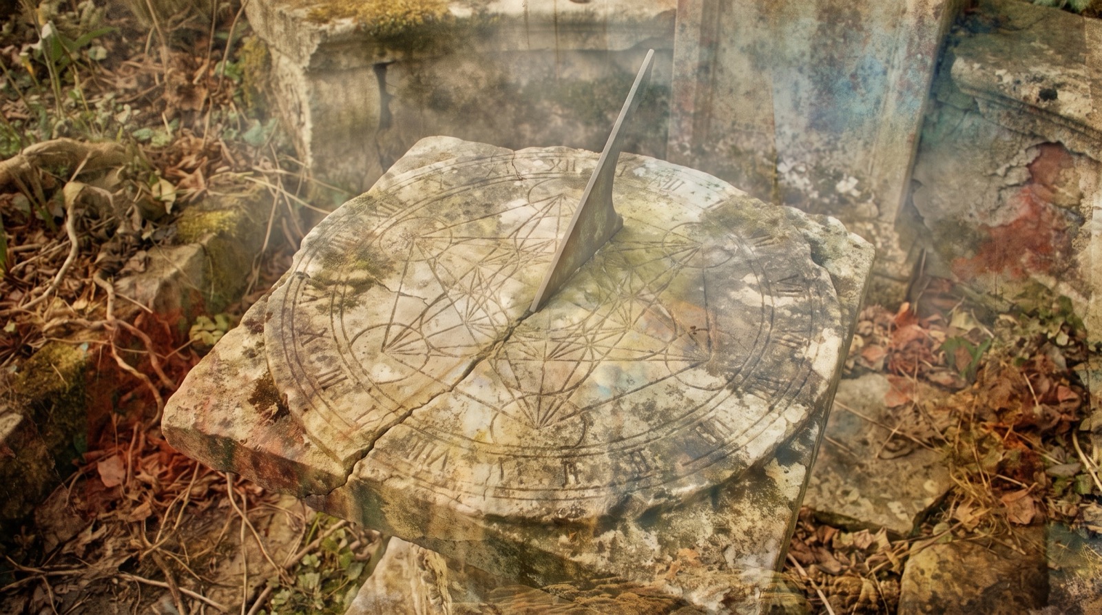Peur du temps qui passe : un cadran solaire de pierre ancien, usé, aux motifs gravés
