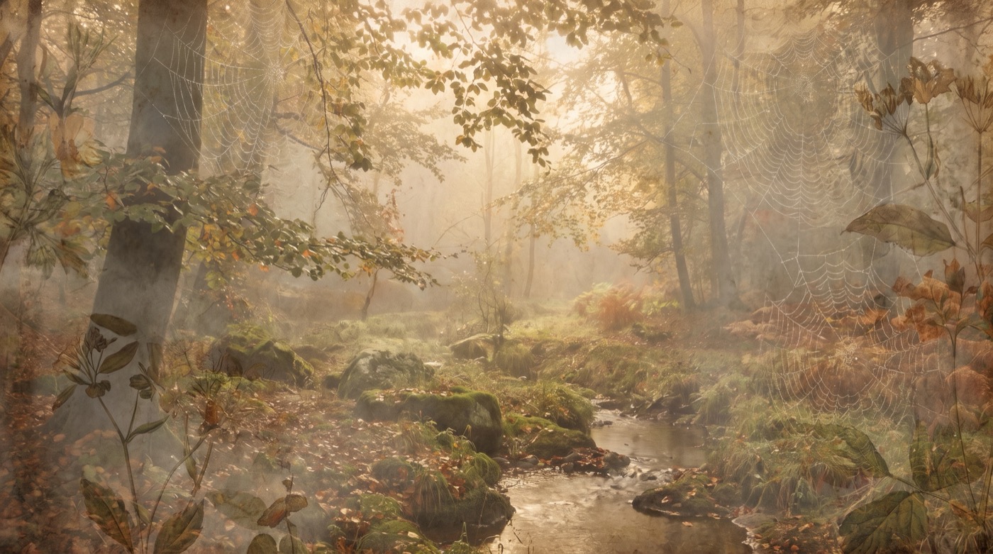 Pleine conscience : un sous-bois brumeux à l'aube, traversé d'un ruisseau