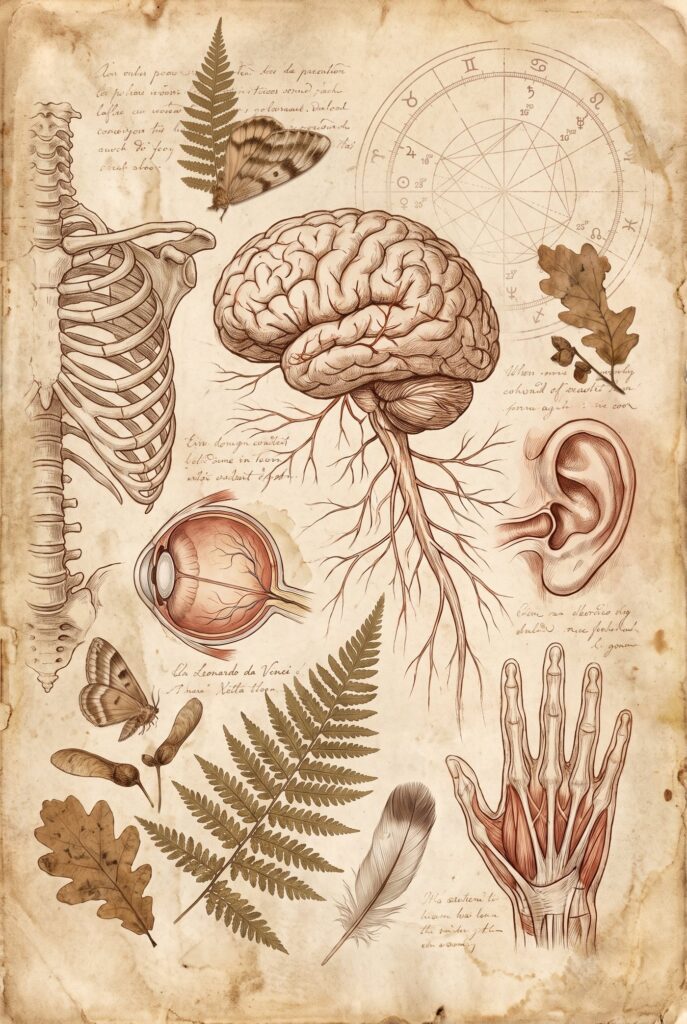 Planche anatomique : cerveau, système nerveux, squelette, œil, oreille et main