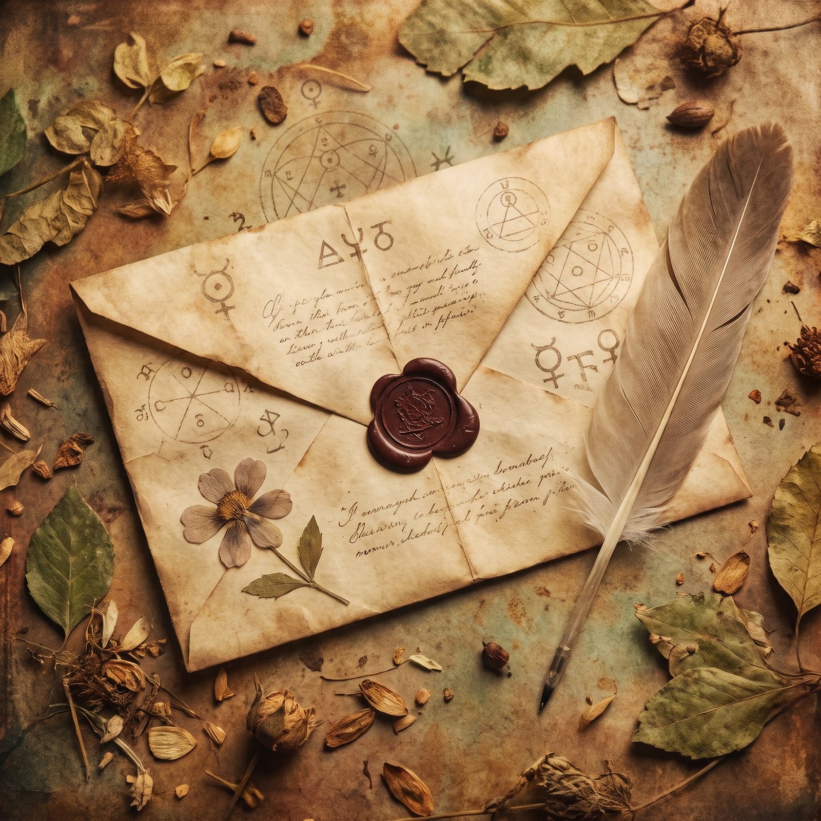 Lettre scellée, plume et fleur pressée
