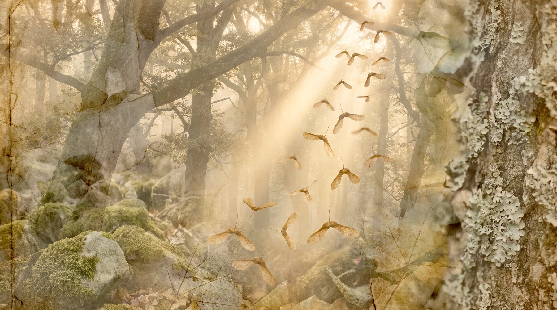 Des graines ailées descendent ensemble dans un rai de lumière voilée, au cœur d’un sous-bois — Sādhana
