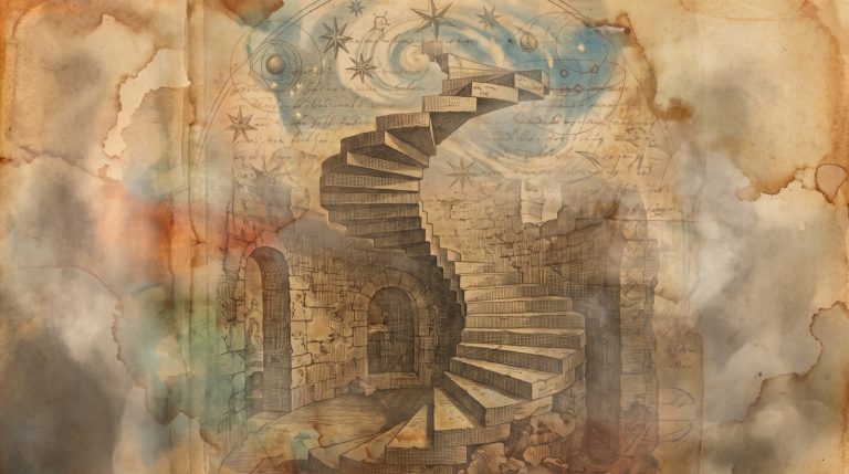 Psychologie transpersonnelle : gravure ancienne d'un escalier en spirale qui monte vers un ciel d'étoiles