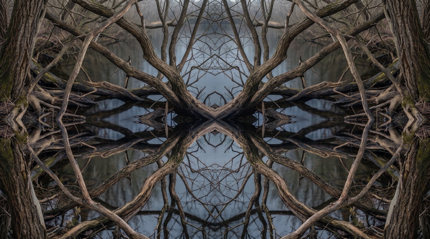 Psychologie transpersonnelle : des branches et des racines reflétées en miroir dans une eau calme, formant une figure au-delà de chacune
