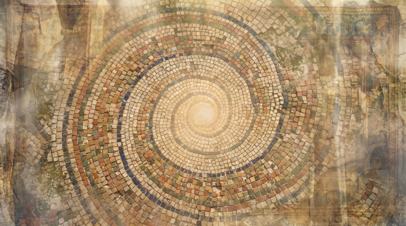 Thérapie transpersonnelle : une spirale de mosaïque ancienne qui s'élargit depuis un centre lumineux