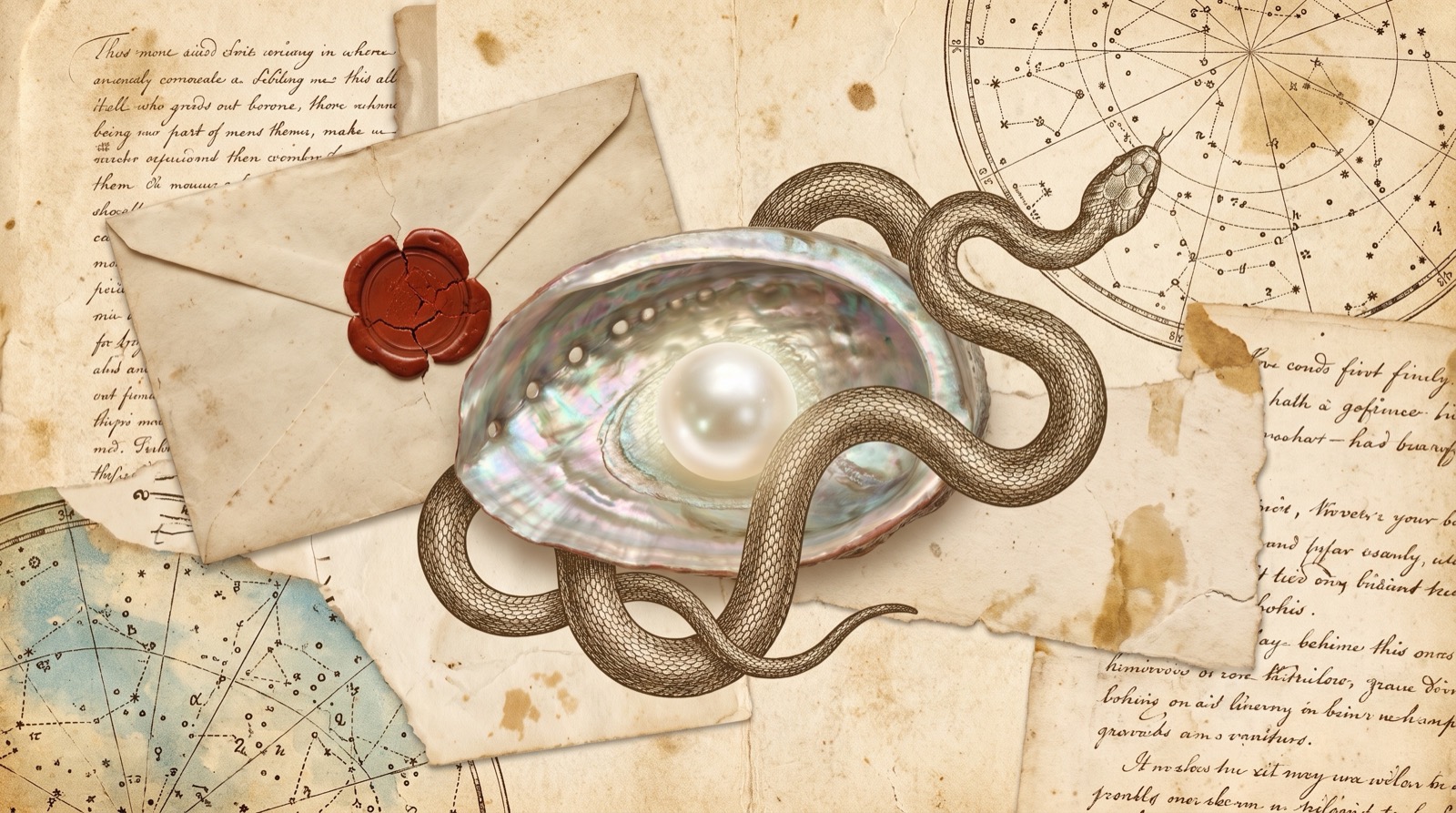 Collage de gravures anciennes : une perle dans un coquillage ouvert, un serpent enroulé, une lettre scellée et une carte du ciel