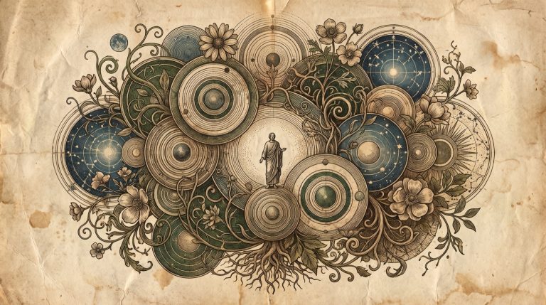 Gravure ancienne : une figure debout au centre d'un vaste réseau de cercles concentriques, d'étoiles, de fleurs et de racines