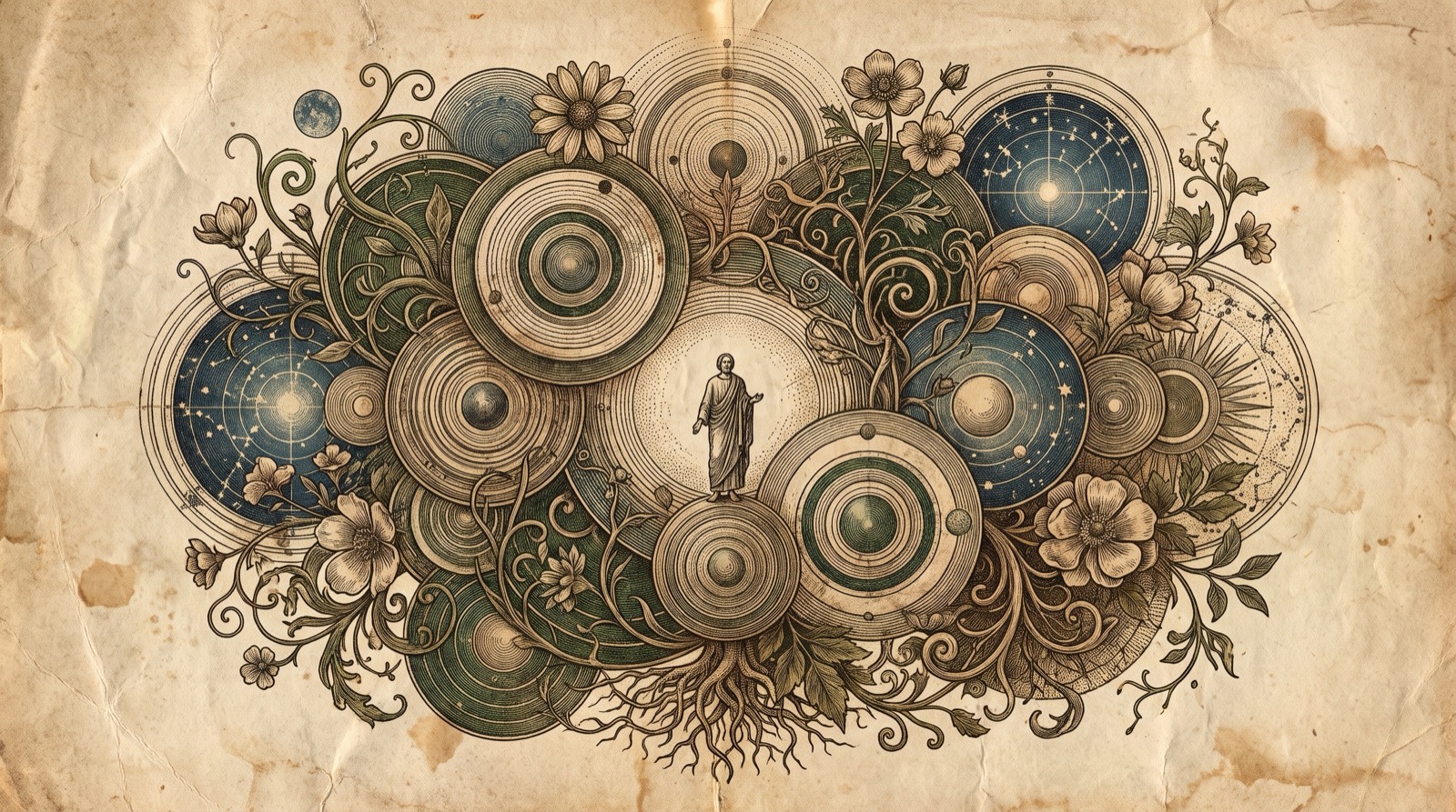 Gravure ancienne : une figure debout au centre d'un vaste réseau de cercles concentriques, d'étoiles, de fleurs et de racines