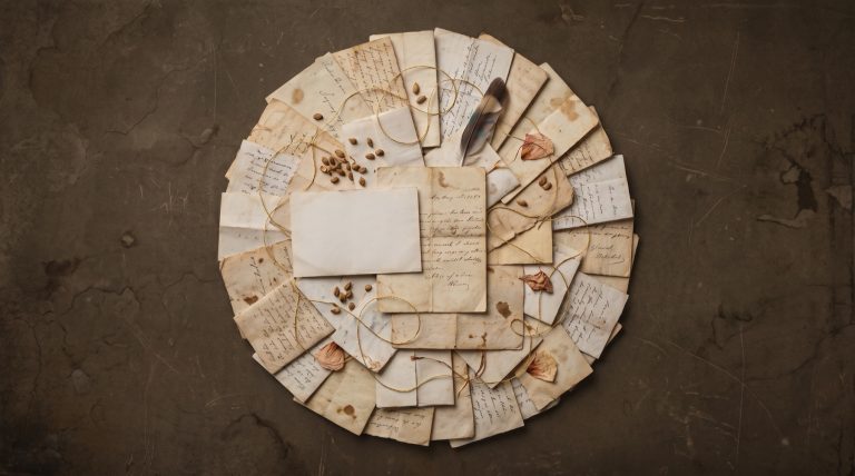 Disque de lettres anciennes reliées par un fil d'or, une feuille blanche au centre