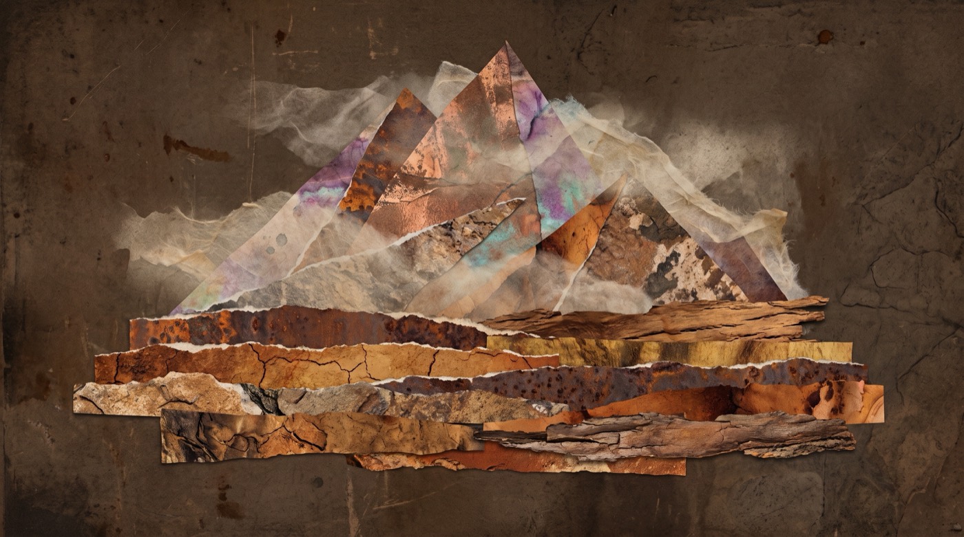 Ramana Maharshi : une montagne sacrée dans la brume, composée de papiers déchirés et de matières anciennes