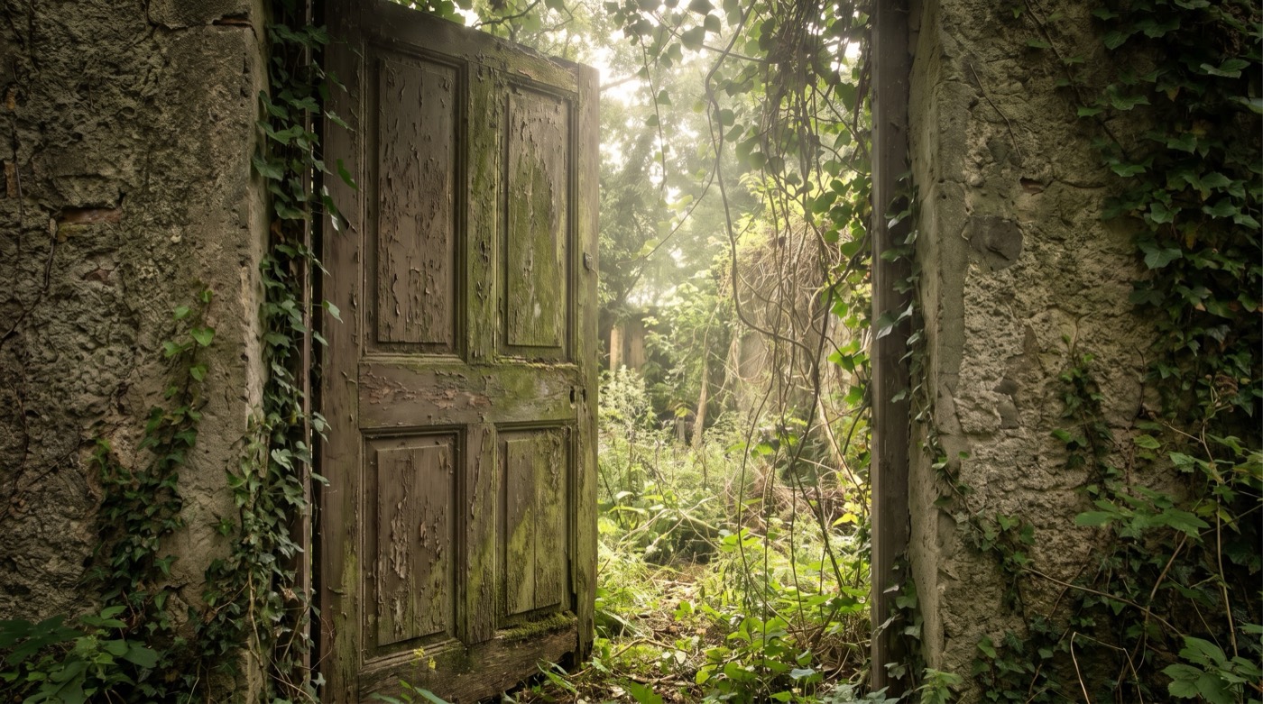 Comment sortir d'une relation toxique : une porte ancienne entrouverte sur un jardin baigné de lumière