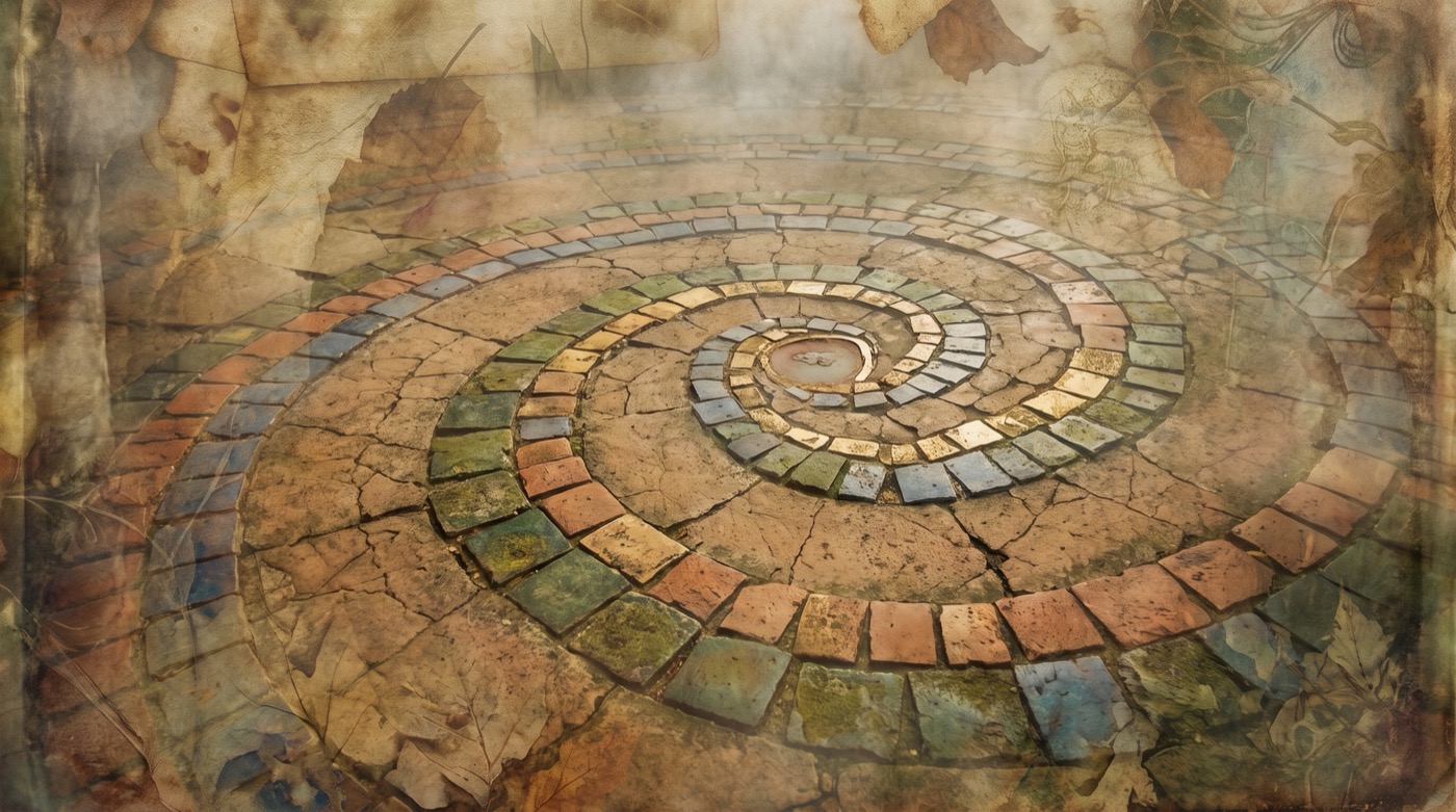 Rebirth et respiration : une spirale de mosaïque ancienne qui s'enroule vers son centre