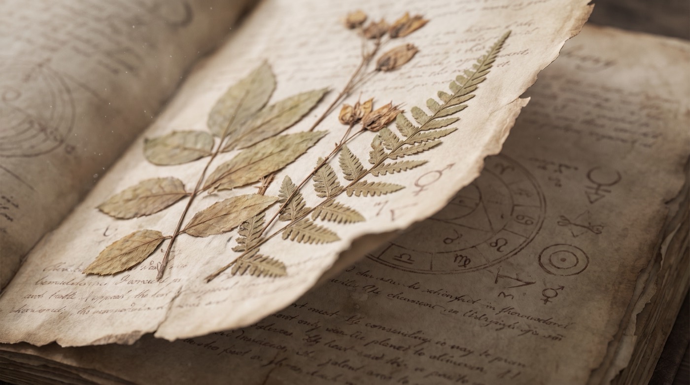 Tourner la page : une page d'herbier ancien qui se soulève, portant des herbes séchées