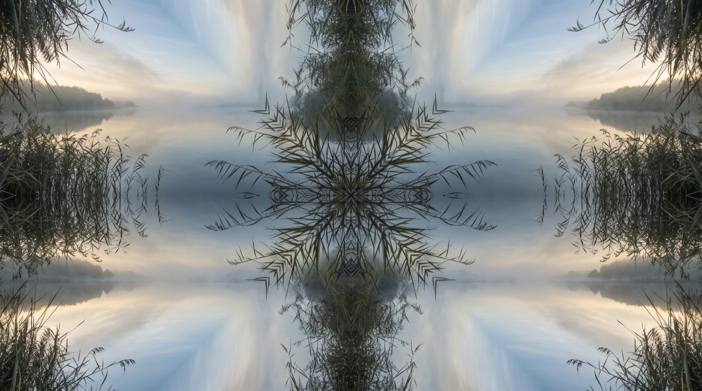 Silence intérieur : un lac calme à l'aube dont les roseaux et le ciel se reflètent en miroir